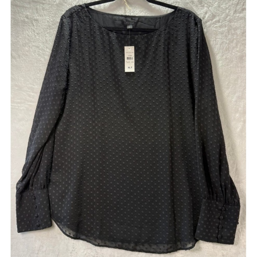Ann Taylor XLT Black Swiss Dot Blouse Long Sleeve Sheer Lined Boat Neck Top NWT